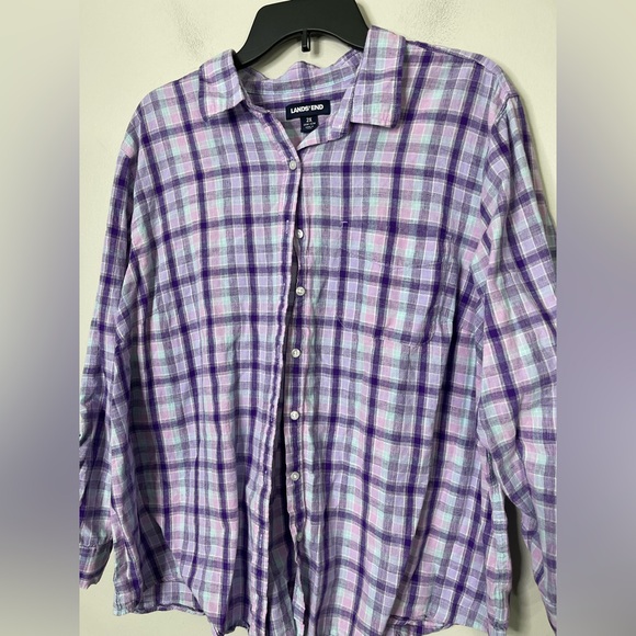 Land’s End Women’s Purple Plaid Linen Cotton Blend Button Down Shirt Sz 2X - Picture 3 of 9